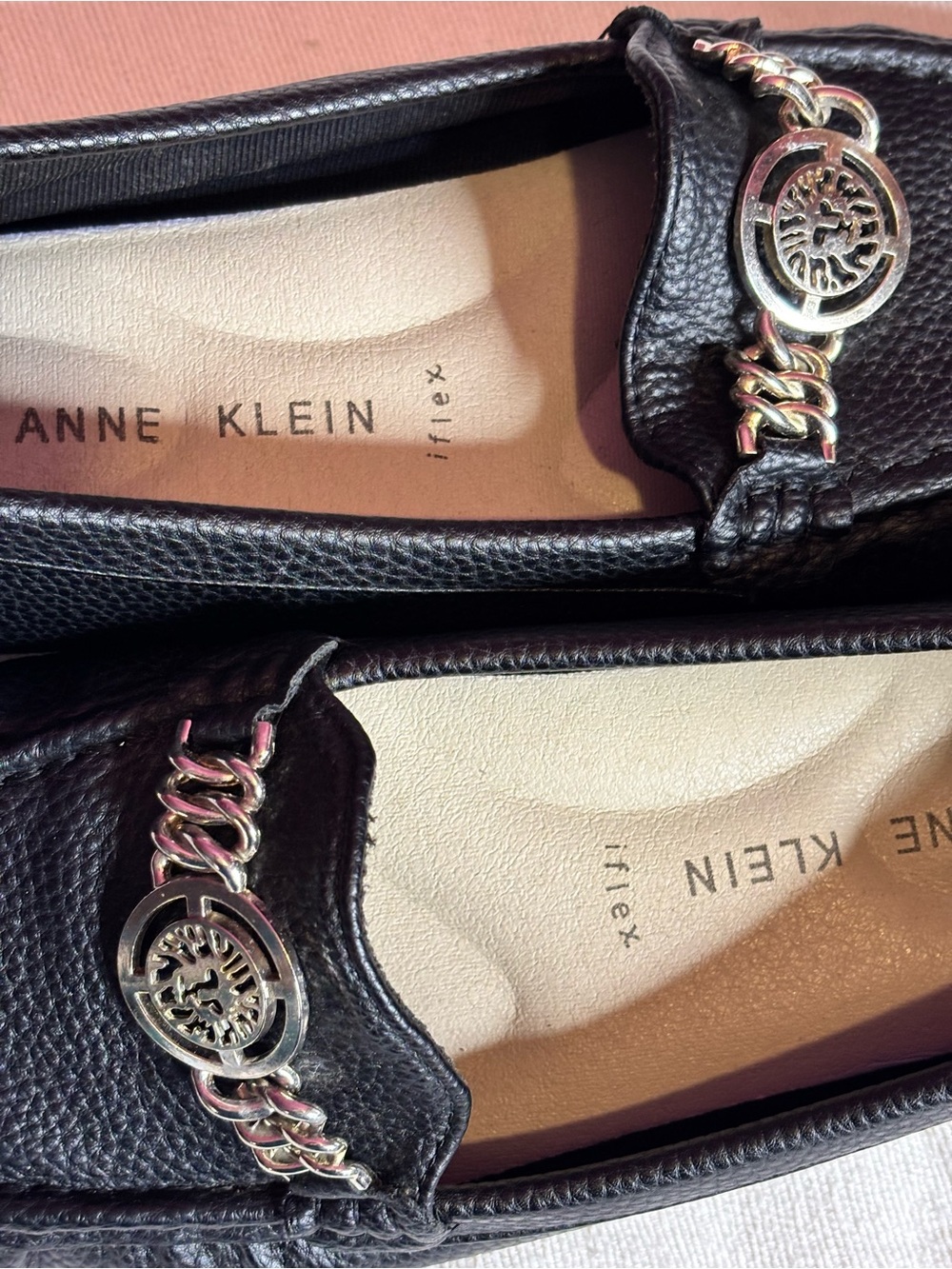 Anne Klein Black Loafers with Gold-Tone Chain Medallion